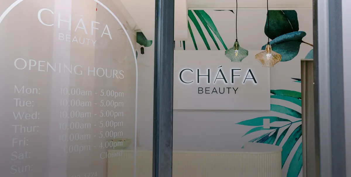 Chafa Beauty entrance and reception signage on Bulwer Street, Perth.